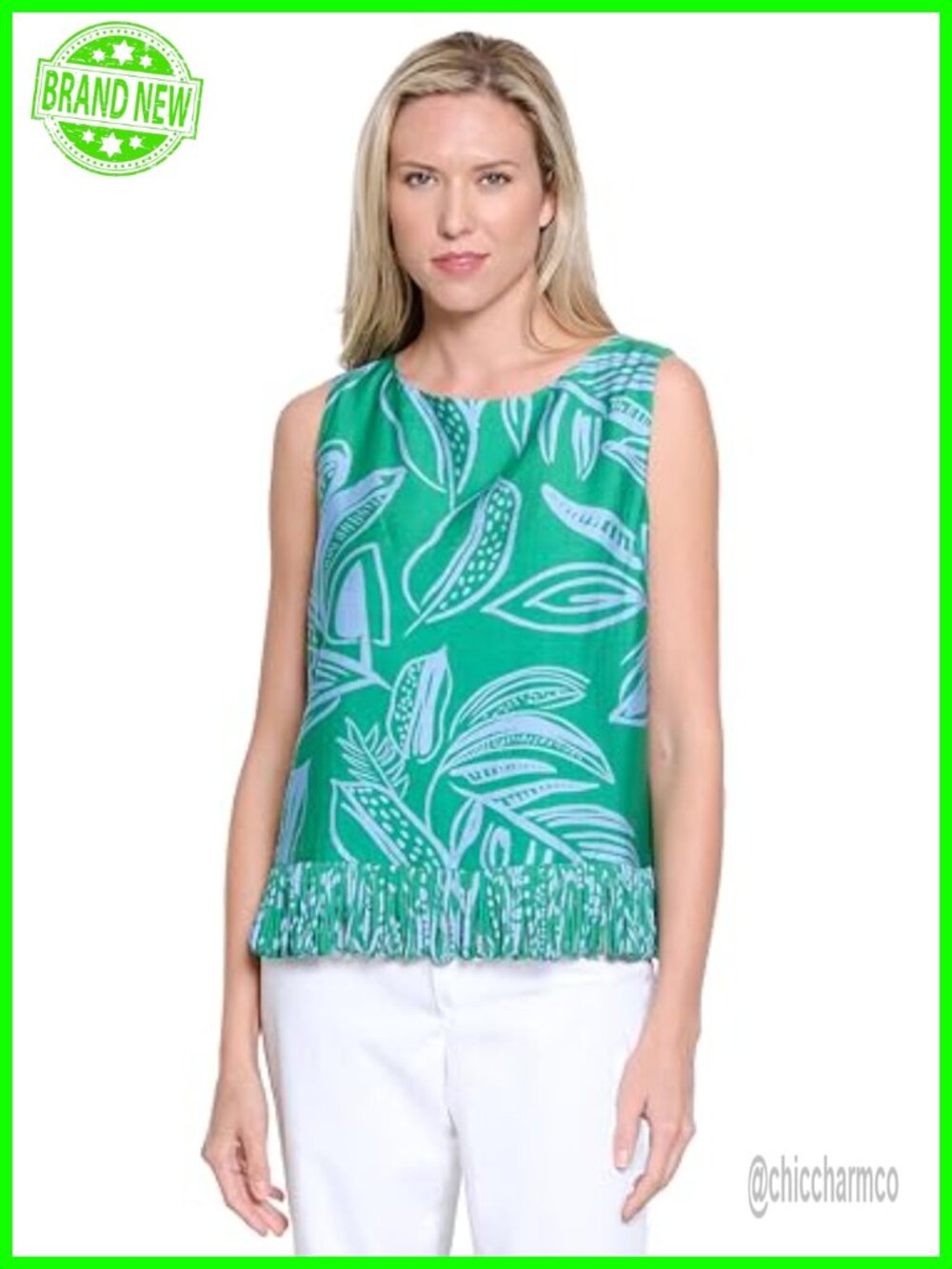 Sleeveless Tunic with Loop Fringe Trim Relaxed Fit Rayon Blend
